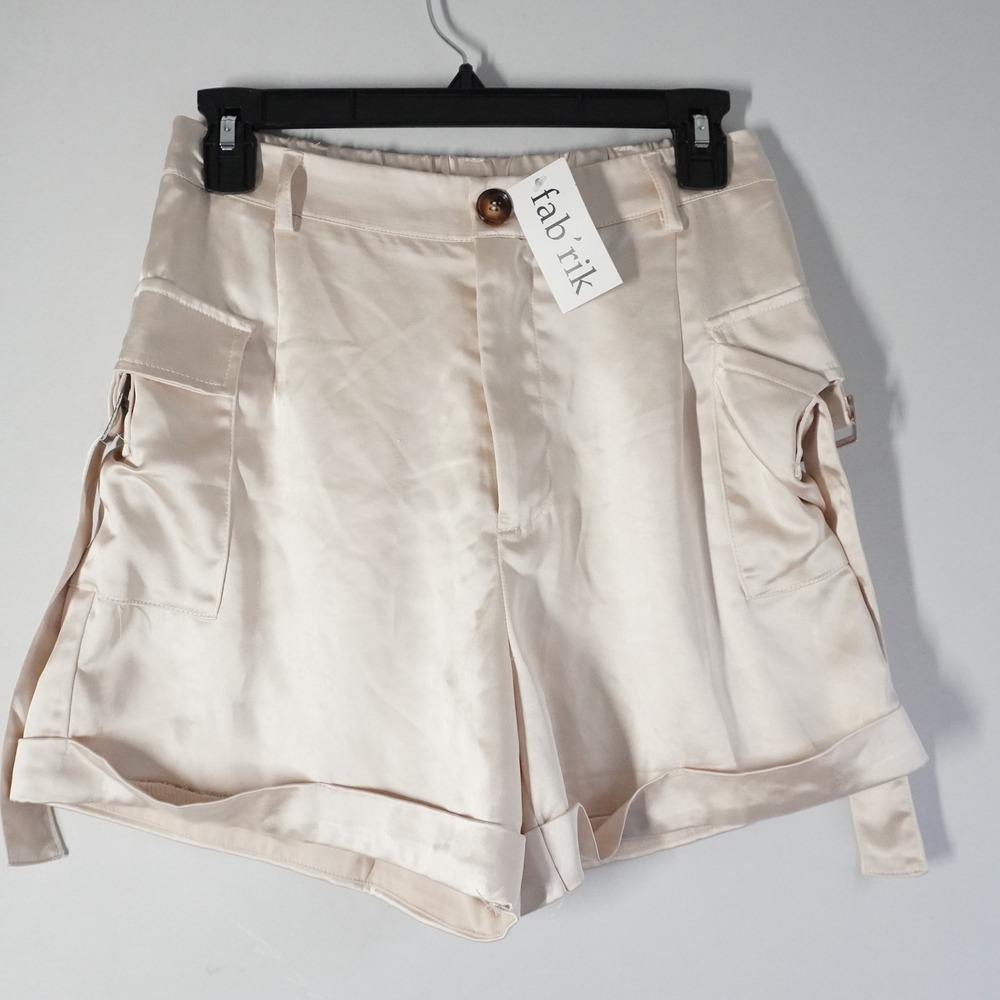 Fab'rik Iliana Satin Cargo Shorts Taupe Champagne High Waist Buckle Detail Small